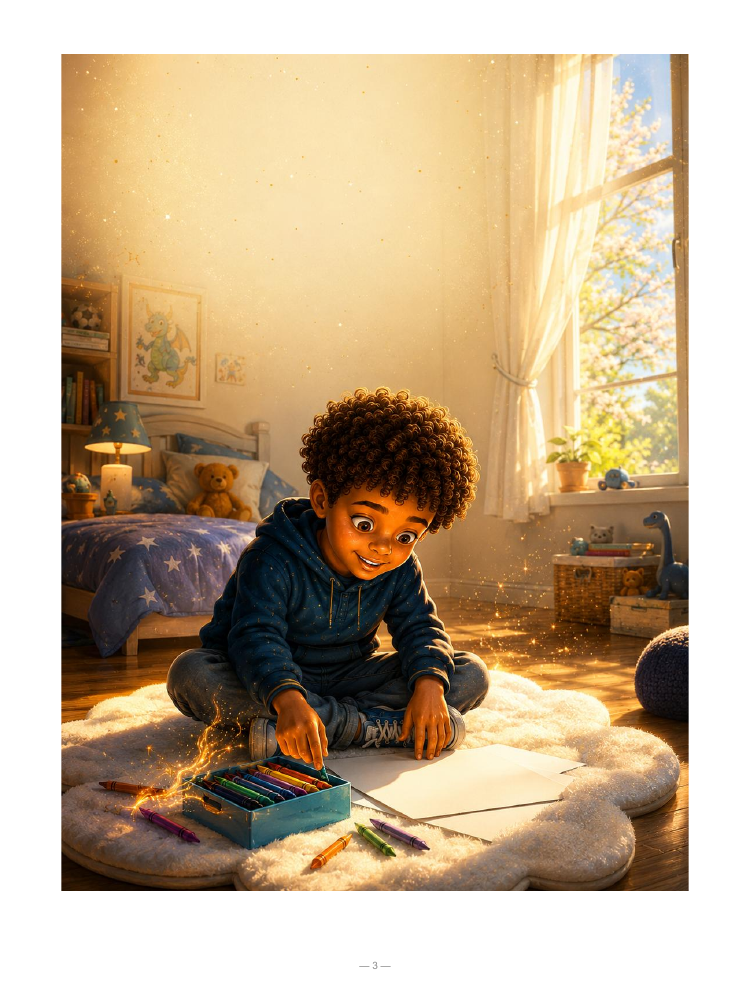Una pagina illustrata del libro: Ezekyel nella sua cameretta, sul tappeto a forma di nuvola, con i pastelli e un foglio bianco.